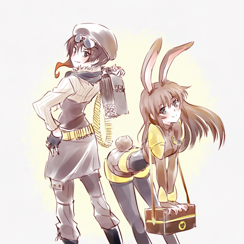 2girls animal_ears bent_over beret blush brown_hair bunny_tail coco_adel fingerless_gloves glasses gloves hand_on_hip hat highres iesupa long_hair long_sleeves looking_at_viewer looking_back multiple_girls pants rabbit_ears rwby scarf shirt smile sunglasses sweater tail velvet_scarlatina