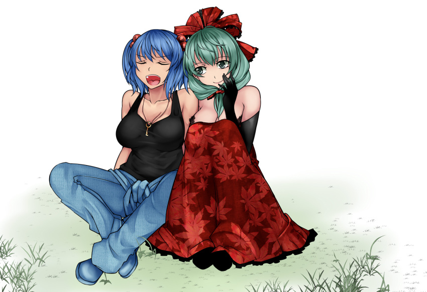 2girls aoshima bare_shoulders black_bra black_gloves black_shoes blue_eyes blue_pants blue_shoes bow bra breasts cleavage closed_eyes closed_mouth clothes_around_waist collarbone elbow_gloves eyebrows eyebrows_visible_through_hair front_ponytail full_body gloves grass green_eyes green_hair hair_bobbles hair_bow hair_ornament hand_on_own_face hat head_tilt highres jewelry kagiyama_hina kawashiro_nitori key knees_up lace lace-trimmed_bra large_breasts leaf_print legs_crossed long_skirt multiple_girls necklace pants plant red_bow red_hat red_skirt shoes short_hair short_sleeves simple_background sitting skirt sleeveless smile spread_legs tank_top touhou underwear white_background