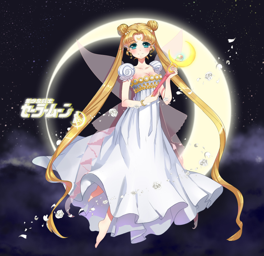1girl absurdres barefoot beads bishoujo_senshi_sailor_moon blonde_hair breasts cleavage collarbone crescent crescent_earrings double_bun dress earrings flower full_body green_eyes hair_beads hair_ornament highres jewelry long_hair mi.g petals princess_serenity ribbon rose rose_petals sky smile solo star star-shaped_pupils star_(sky) starry_sky symbol-shaped_pupils tsukino_usagi twintails very_long_hair white_dress white_rose