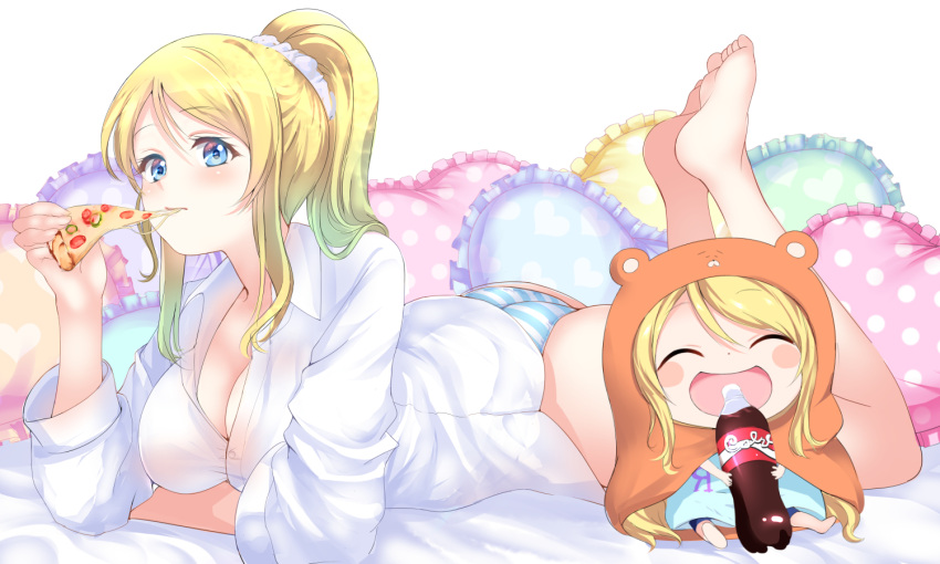 2girls ass ayase_eli blonde_hair blue_eyes blush bottle bottomless breasts brown_eyes cheese_trail chibi cleavage coke collared_shirt doma_umaru dual_persona eating food gorua_(youce01) hamster_costume himouto!_umaru-chan hood komaru large_breasts long_hair love_live! love_live!_school_idol_project lying multiple_girls on_stomach one_side_up open_mouth panties pillow pizza ponytail scrunchie shirt smile soda soda_bottle striped striped_panties underwear white_shirt