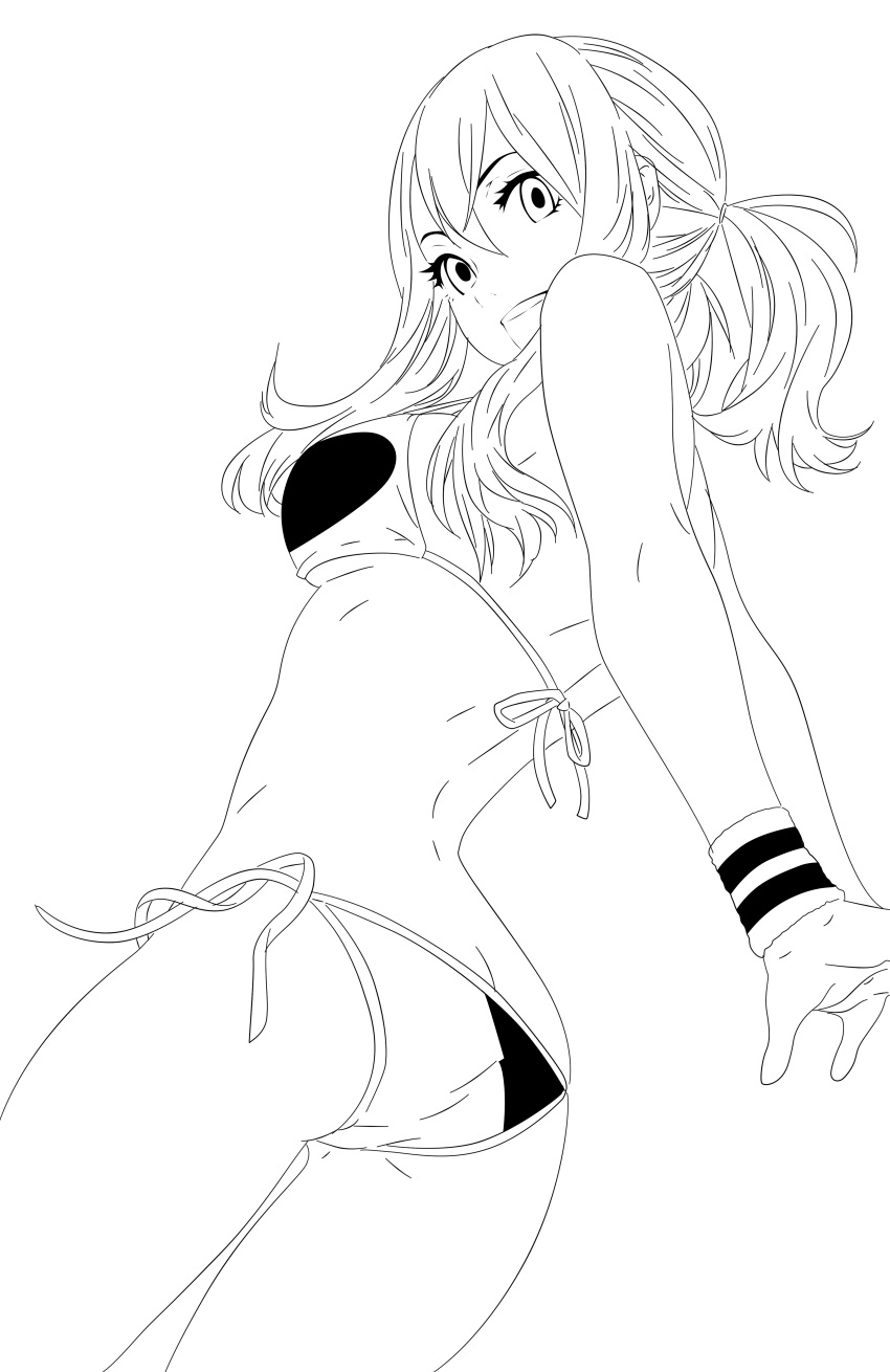 1girl absurdres bikini breasts fairy_tail female from_behind highres lineart lucy_heartfilia monochrome planeptune simple_background solo swimsuit