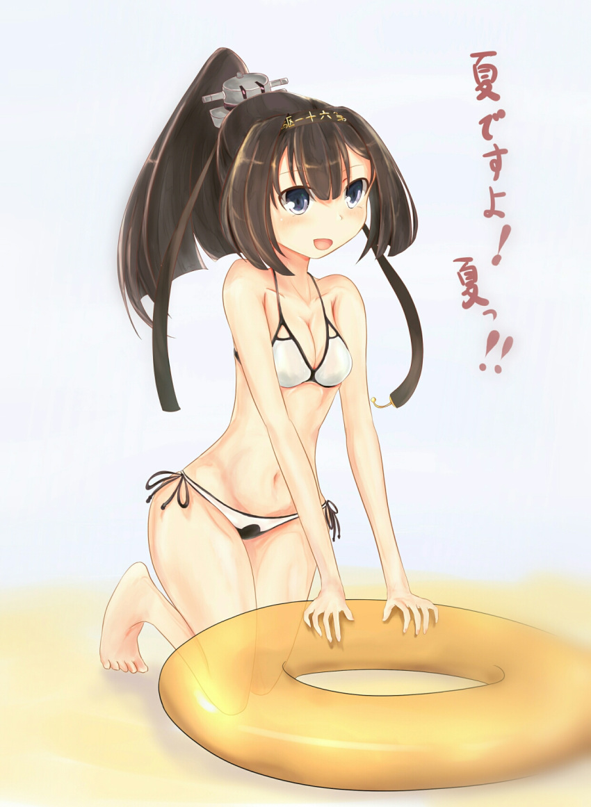 1girl akizuki_(kantai_collection) alternate_costume atereko bad_id bare_shoulders bikini black_hair blue_eyes breasts cleavage commentary_request headband highres innertube kantai_collection long_hair navel open_mouth ponytail swimsuit translation_request white_bikini white_swimsuit