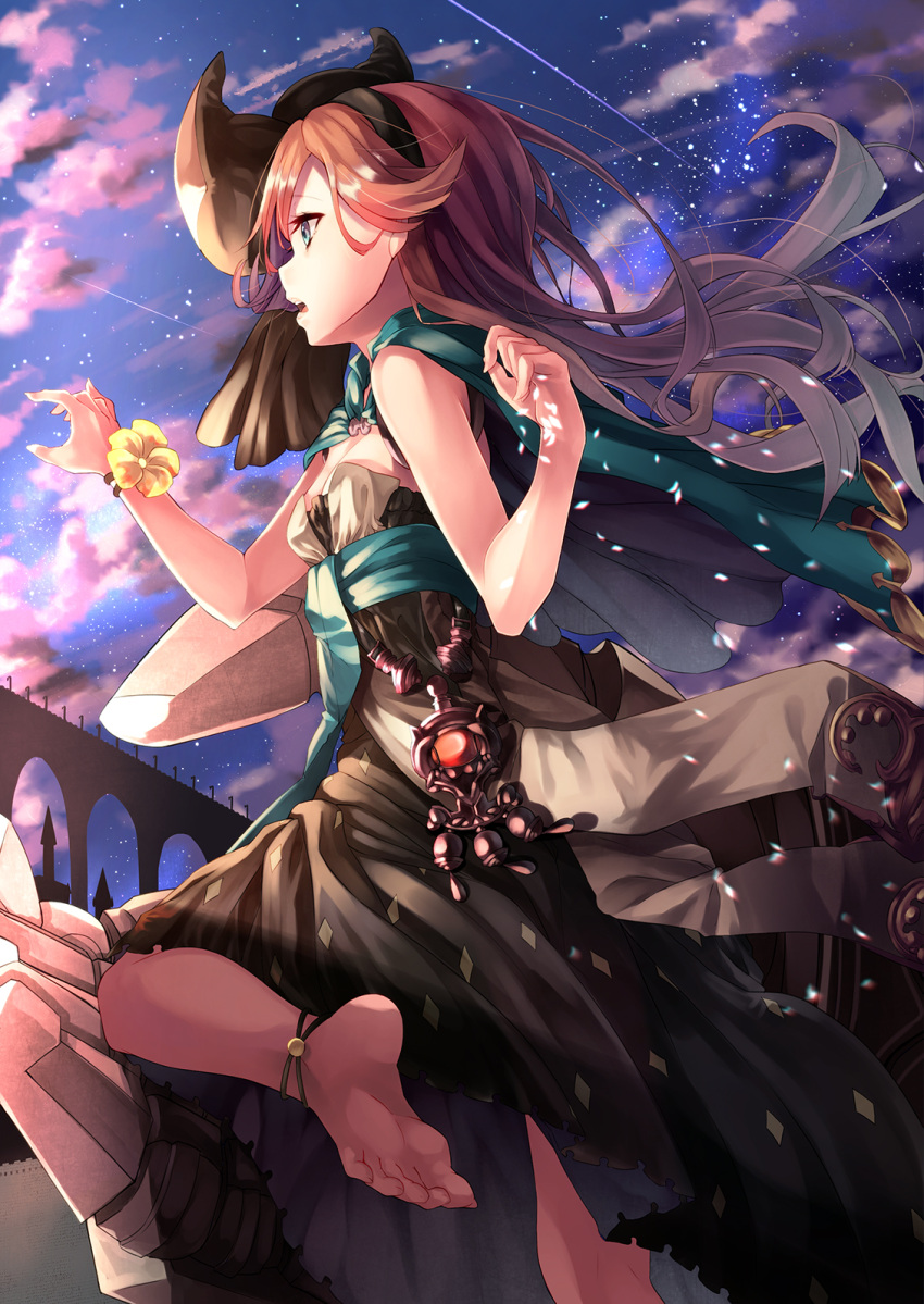 1girl anklet barefoot blue_eyes bow cape clouds dress feet flower flower_ornament from_side gradient_hair granblue_fantasy grey_hair hairband highres jewelry long_hair multicolored_hair open_mouth orange_hair petals sara_(granblue_fantasy) saraki sky sleeveless soles solo star_(sky) starry_sky strapless strapless_dress wind wrist_flower