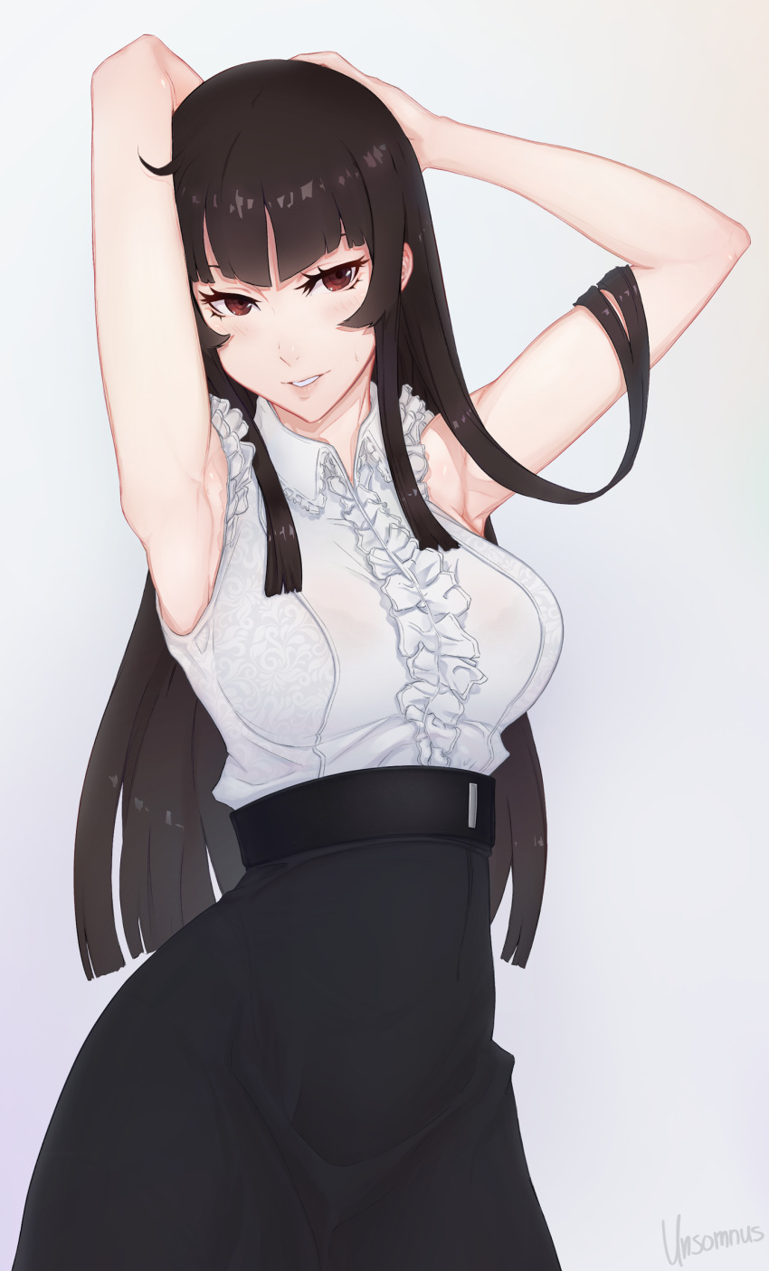 1girl armpits arms_up artist_name bangs black_bra black_hair blunt_bangs blush bra breasts center_frills high-waist_skirt highres hime_cut large_breasts lips long_hair looking_at_viewer naomi_(unsomnus) original parted_lips red_eyes see-through signature sleeveless smile solo underwear unsomnus virgin_killer_outfit