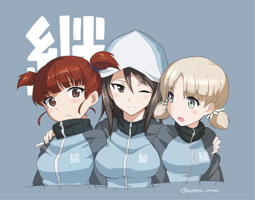 3girls aki_(girls_und_panzer) aqua_eyes arms_at_sides blonde_hair blue_background breasts brown_eyes brown_hair eyebrows eyebrows_visible_through_hair girls_und_panzer hair_between_breasts hair_between_eyes hands_on_another's_shoulders jacket long_hair long_sleeves looking_at_another looking_at_viewer medium_breasts mika_(girls_und_panzer) mikko_(girls_und_panzer) multiple_girls one_eye_closed onsen_man open_mouth redhead short_twintails smile track_jacket track_jersey twintails upper_body