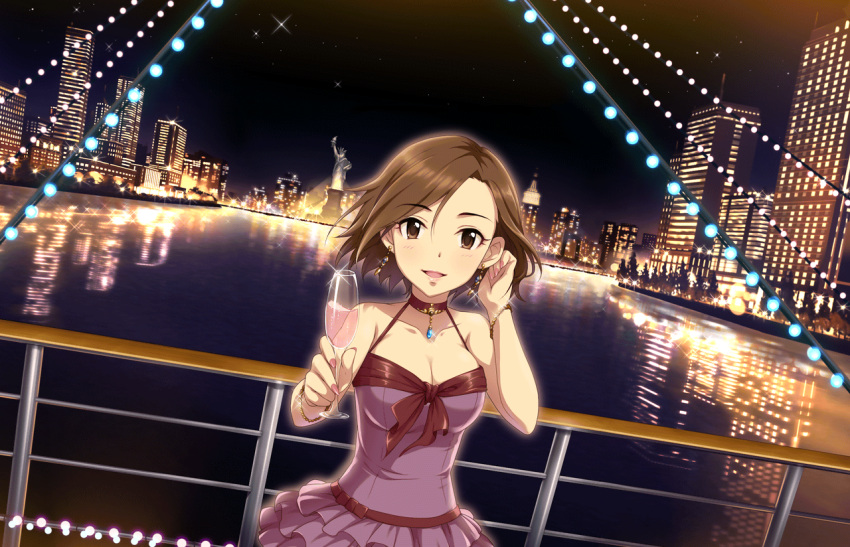 1girl alcohol artist_request bracelet breasts brown_eyes brown_hair cleavage cup drinking_glass earrings fingernails glass idolmaster idolmaster_cinderella_girls idolmaster_cinderella_girls_starlight_stage jewelry landmark long_fingernails looking_at_viewer mizuki_seira nail_polish necklace official_art parted_lips pendant short_hair smile solo statue_of_liberty wine wine_glass