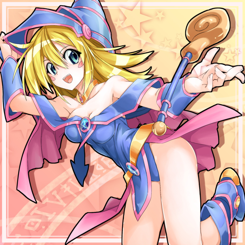 1girl bare_shoulders blonde_hair blue_boots blush blush_stickers boots breasts choker cleavage dark_magician_girl duel_monster green_eyes hat highres kurenaitaro large_breasts long_hair open_mouth pentacle smile solo staff wizard_hat yu-gi-oh! yuu-gi-ou_duel_monsters