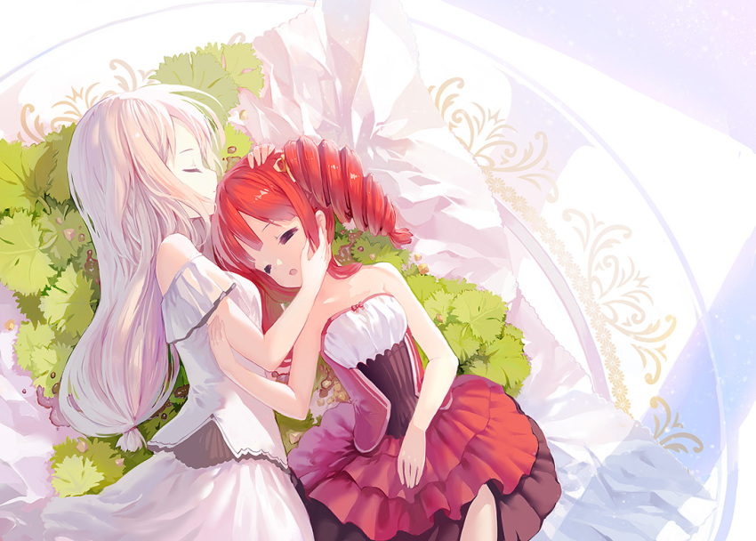 2girls bare_shoulders closed_eyes commentary_request dress drill_hair food forehead_kiss hug in_food kiss leaf long_hair low-tied_long_hair lying multiple_girls on_back on_side original personification plate redhead ritsuki smile tied_hair twin_drills very_long_hair white_dress white_hair yuri