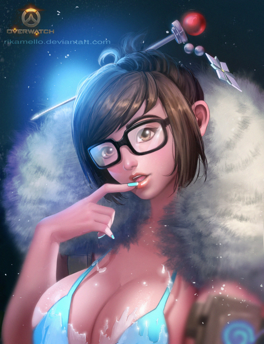 1girl aqua_nails bangs beads bikini bikini_top black-framed_eyewear black-framed_glasses blue_bikini blurry breasts brown_eyes brown_hair cleavage coat cold copyright_name depth_of_field dress finger_to_mouth fingernails frozen fur-lined_jacket fur_coat fur_trim glasses hair_bun hair_ornament hair_stick hairpin hand_on_own_face hand_up head_tilt highres ice jacket large_breasts lips long_fingernails looking_at_viewer mei_(overwatch) nail_polish open_clothes open_jacket open_mouth overwatch parka pinky_out rikamello short_hair sidelocks snowflake_hair_ornament solo strap_gap swept_bangs swimsuit tank_top tongue upper_body watermark web_address winter_clothes winter_coat