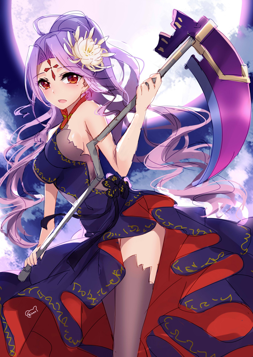 1girl absurdres bison_cangshu black_legwear breasts character_request crusaders_quest dress flower hair_flower hair_ornament highres holding holding_weapon lilith_(crusaders_quest) long_hair looking_at_viewer medium_breasts moon open_mouth outdoors purple_hair red_eyes sideboob solo thigh-highs weapon white_flower