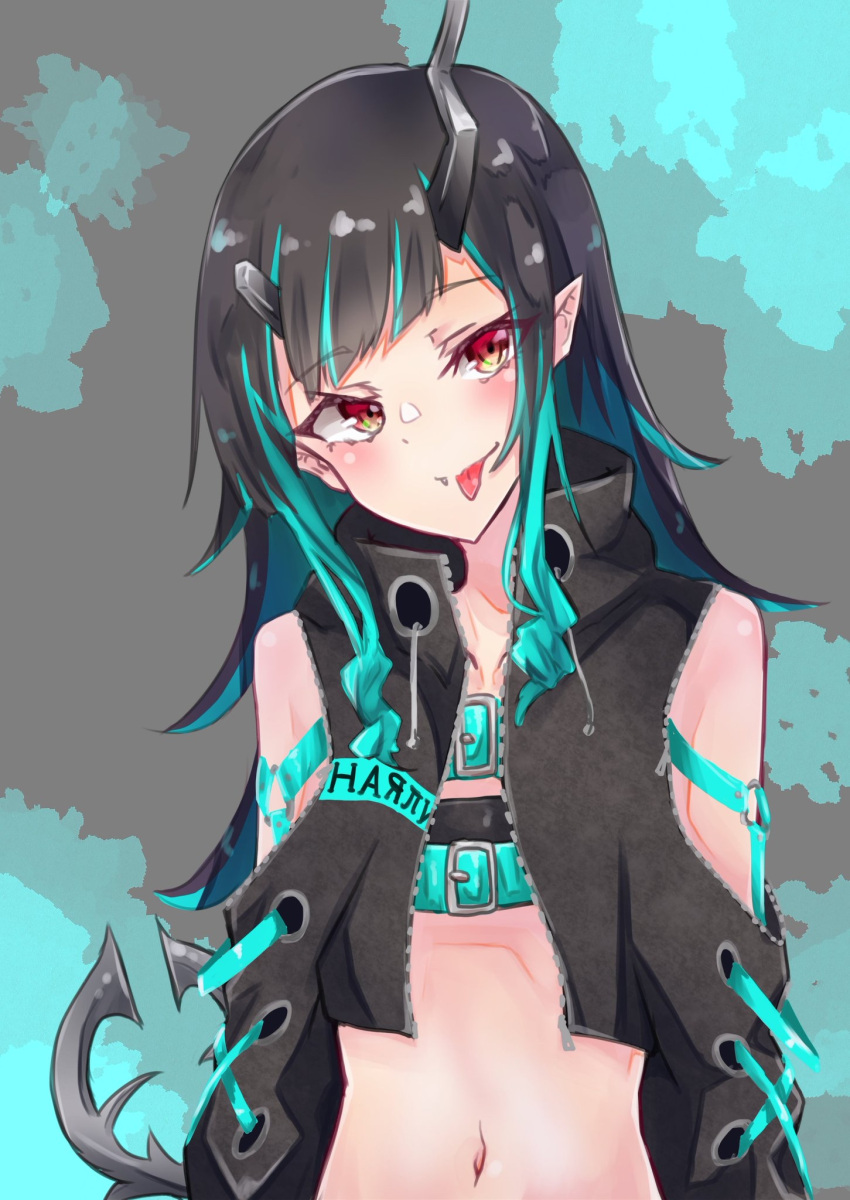 1girl bangs belt beltbra black_hair black_jacket blue_belt blue_hair blush chest_belt closed_mouth clothing_cutout commentary_request cropped_jacket cross-laced_sleeves demon_girl demon_horns demon_tail eyebrows_visible_through_hair fang flat_chest haizanhei highres horns jacket long_hair long_sleeves looking_at_viewer midriff multicolored_hair navel pointy_ears red_eyes shishio_chris shoulder_cutout smile solo sugar_lyric tail tongue tongue_out two-tone_hair upper_body virtual_youtuber