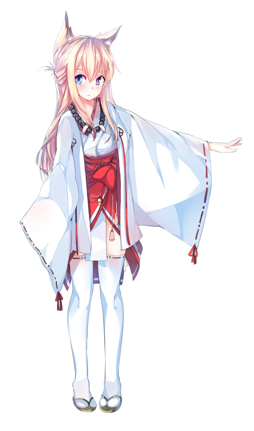 1girl animal_ears beads blonde_hair blush fox_ears full_body highres japanese_clothes long_hair looking_at_viewer multicolored_eyes obi original orihi_chihiro outstretched_hand ribbon-trimmed_legwear ribbon-trimmed_sleeves ribbon_trim sash simple_background solo standing thigh-highs white_legwear wide_sleeves zouri