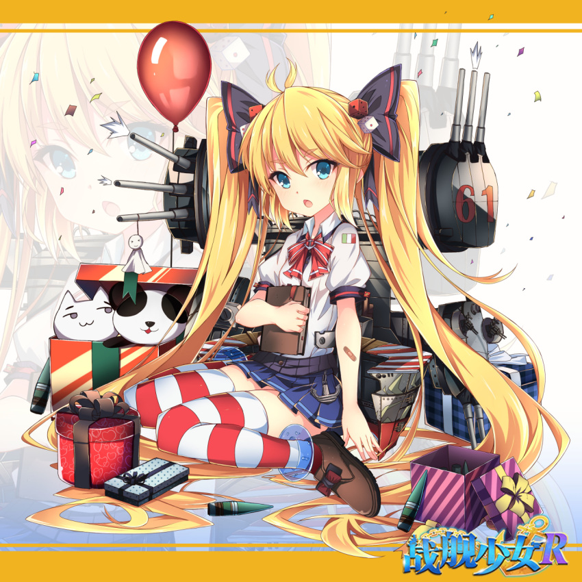 &gt;_&lt; 1girl :3 alternate_costume andrea_doria_(zhan_jian_shao_nyu) balloon bandaid_on_arm black_bow blonde_hair blue_shirt book bow box brown_shoes bullet cat closed_eyes closed_mouth confetti copyright_name dice_hair_ornament eyebrows eyebrows_visible_through_hair full_body gift gift_box hair_bow hair_ornament head_tilt highres holding holding_book italian_flag jianren letterboxed long_hair machinery neck_ribbon number official_art open_mouth pleated_skirt puffy_short_sleeves puffy_sleeves red_ribbon ribbon shirt shoes short_sleeves sitting skirt smile solo striped striped_legwear stuffed_animal stuffed_cat stuffed_panda stuffed_toy teruterubouzu thick_eyebrows thigh-highs twintails very_long_hair wariza white_shirt younger zhan_jian_shao_nyu zoom_layer
