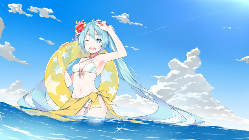 1girl armpits bikini blue_eyes blue_hair breasts cleavage fhang flower front-tie_bikini front-tie_top groin hair_flower hair_ornament hatsune_miku highres long_hair navel ocean one_eye_closed open_mouth original outdoors partially_submerged red_flower see-through sky small_breasts solo swimsuit twintails vocaloid wading wallpaper water white_bikini