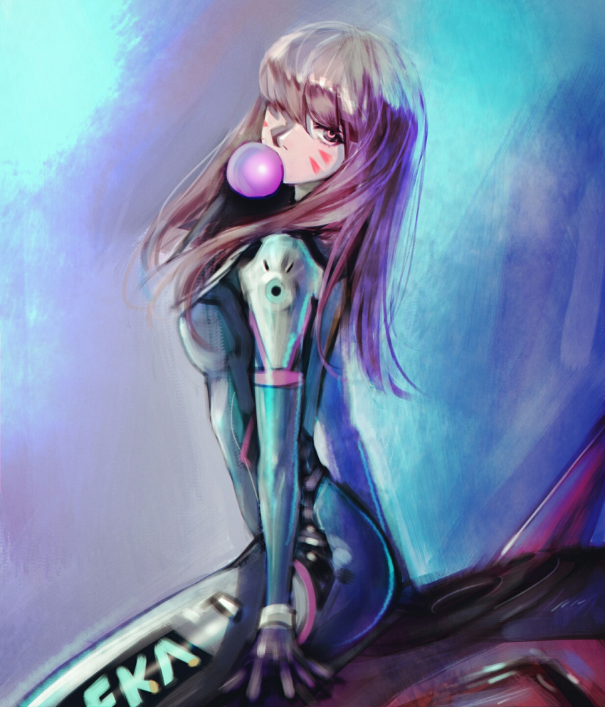 1girl bangs blue_background bodysuit breasts brown_eyes brown_hair bubblegum cowboy_shot d.va_(overwatch) facial_mark from_side gloves hair_over_one_eye headphones highres kyung_han_kim long_hair looking_at_viewer looking_to_the_side mecha meka_(overwatch) overwatch pilot_suit sitting sitting_on_object skin_tight small_breasts solo swept_bangs whisker_markings