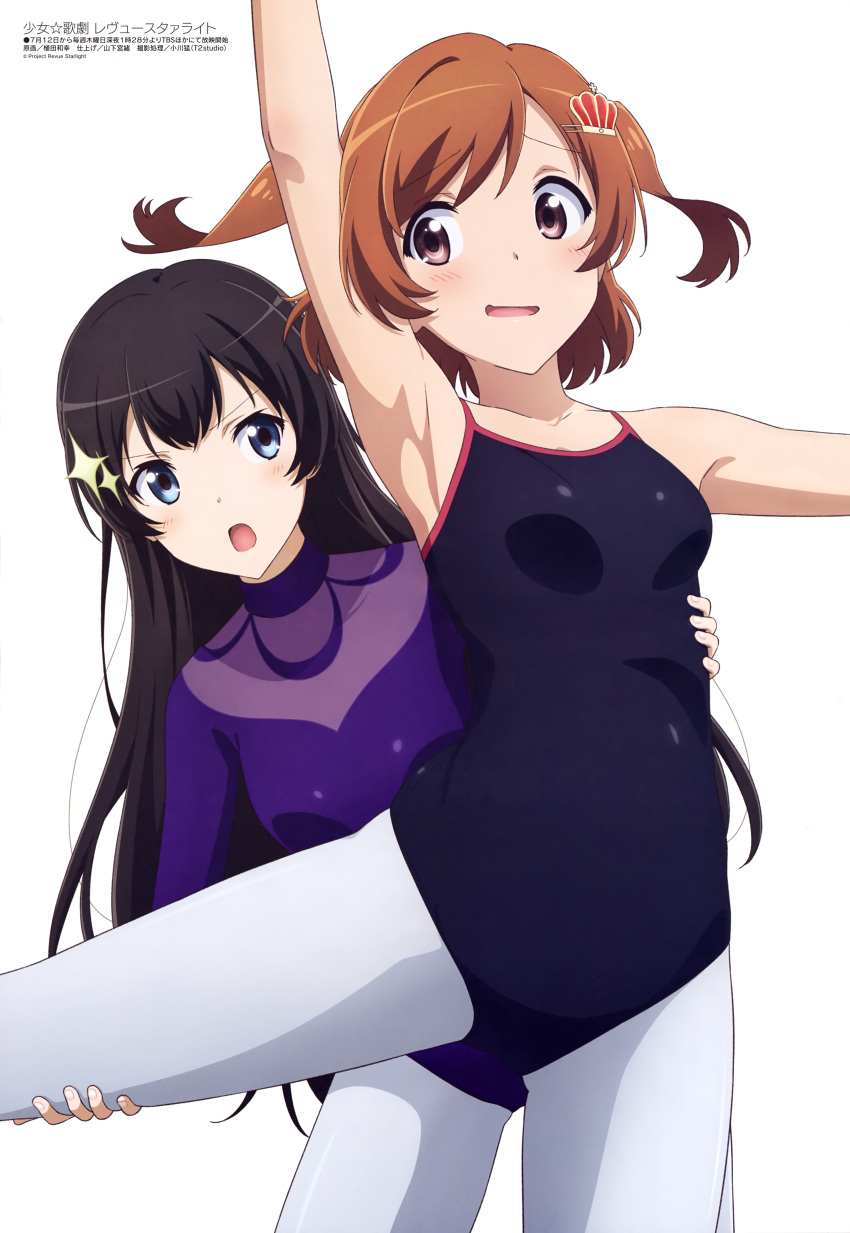 2girls absurdres aijou_karen arm_up armpits bangs bare_shoulders black_hair black_leotard blue_eyes blush body_blush breasts brown_eyes brown_hair collarbone crown_hair_ornament eyebrows_visible_through_hair gluteal_fold hand_on_another's_leg hand_on_another's_stomach highres kagura_hikari leg_lift leotard light_brown_hair long_hair looking_at_another magazine_scan medium_breasts megami multiple_girls official_art open_mouth pantyhose parted_bangs purple_leotard scan shiny shiny_clothes short_twintails shoujo_kageki_revue_starlight simple_background tongue turtleneck twintails ueda_kazuyuki white_background white_legwear