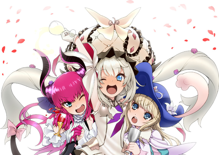 &gt;;d 1boy 2girls ;d arm_up blue_eyes blush bow cup demon_tail drinking_glass elizabeth_bathory_(fate/grand_order) fate/extra fate/extra_ccc fate/grand_order fate_(series) flower girl_sandwich gloves hair_flower hair_ornament horns isse lancer_(fate/extra_ccc) le_chevalier_d'eon_(fate/grand_order) long_hair marie_antoinette_(fate/grand_order) multiple_girls one_eye_closed open_mouth petals pink_bow pink_hair sandwiched silver_hair smile tail tail_bow twintails very_long_hair white_background white_gloves wine_glass