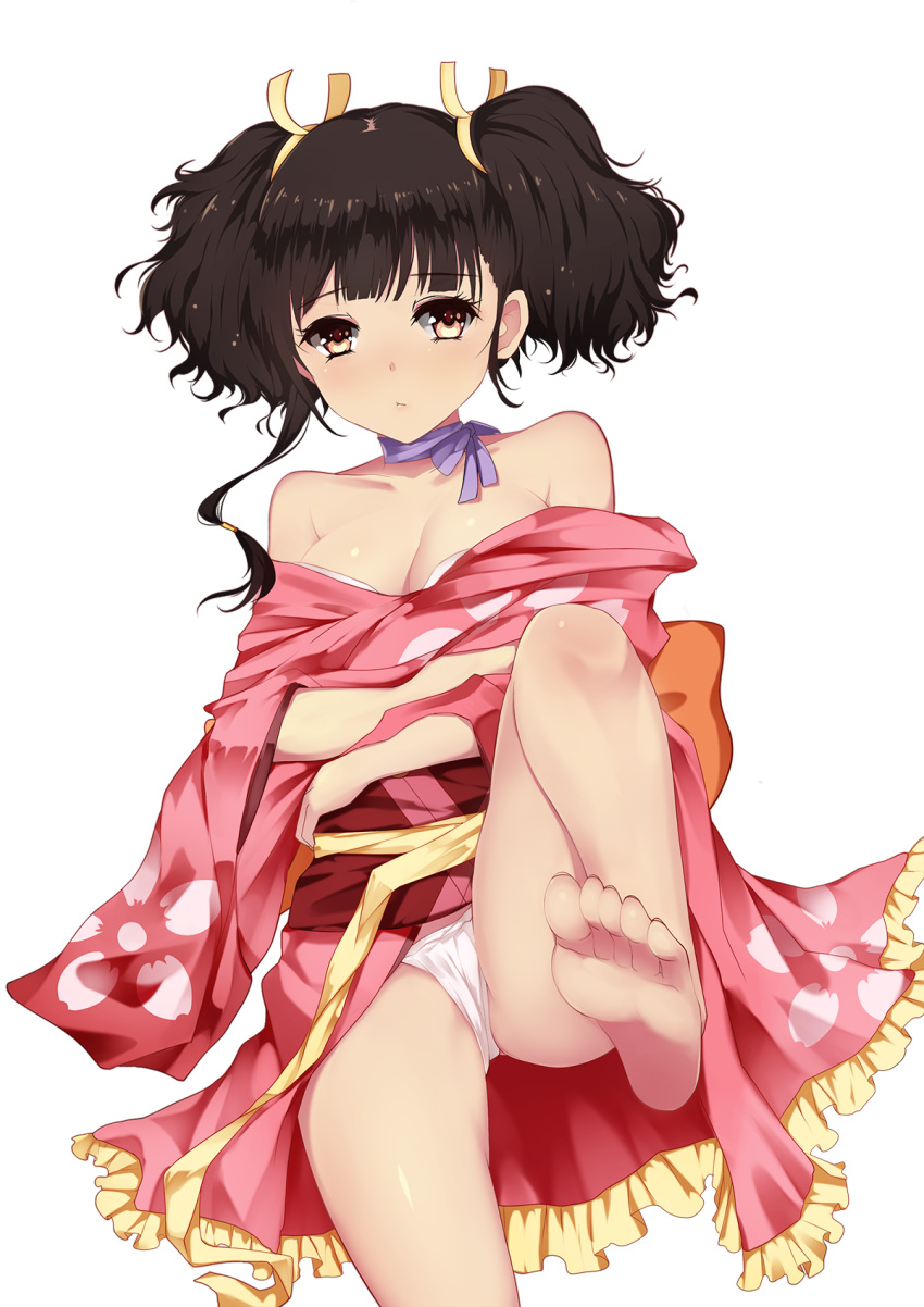 1girl bangs bare_legs bare_shoulders barefoot bba1985 blush breasts brown_eyes brown_hair choker cleavage commentary_request feet floral_print fundoshi gluteal_fold hair_ribbon highres japanese_clothes kimono koutetsujou_no_kabaneri leg_up long_sleeves looking_at_viewer medium_breasts mumei_(kabaneri) off_shoulder panties pantyshot pantyshot_(sitting) ribbon ribbon_choker short_hair short_kimono sitting solo twintails underwear white_panties
