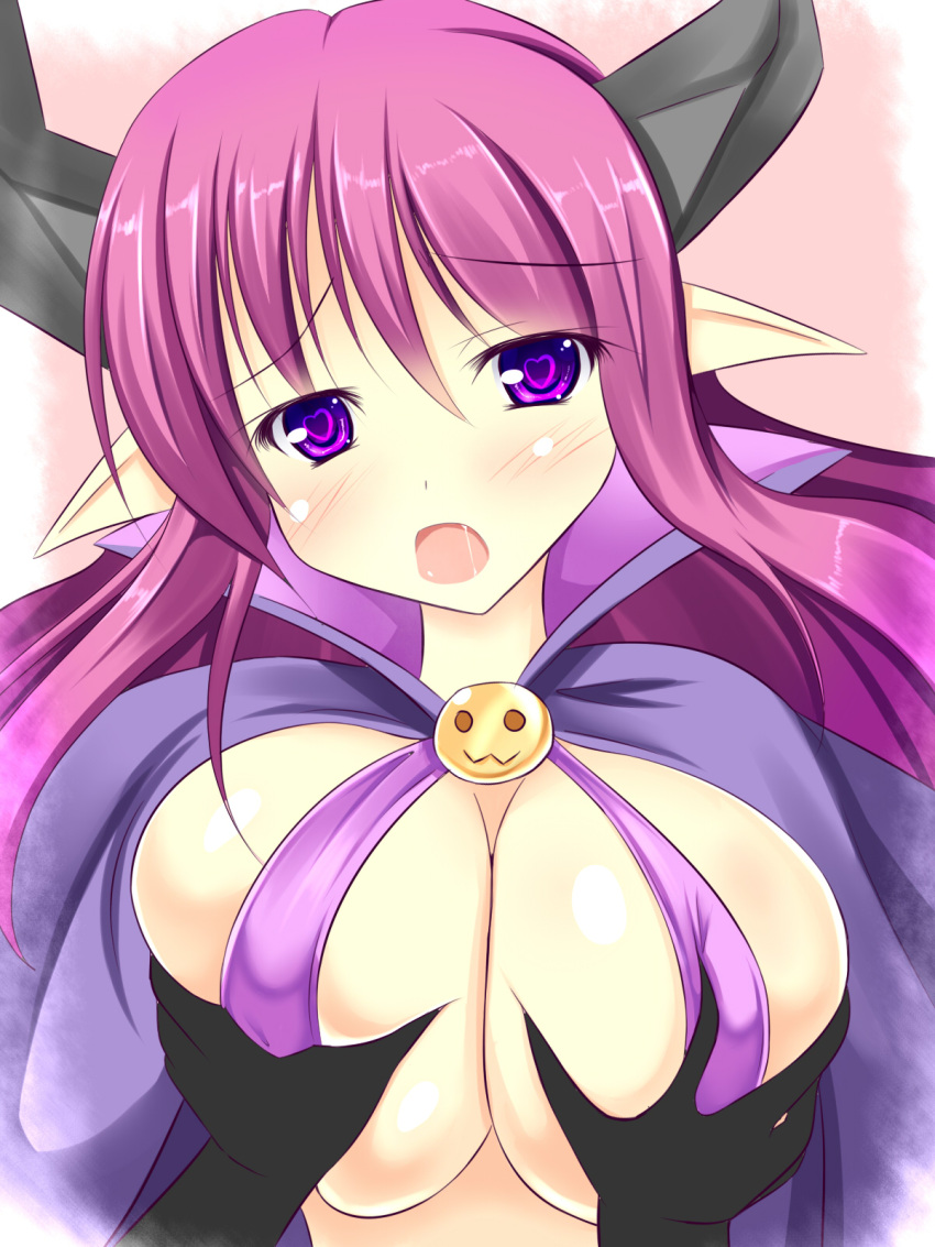 1girl blush breast_grab breasts cloak demon_girl disgaea grabbing heart heart-shaped_pupils highres horns huge_breasts long_hair looking_at_viewer luxuria makai_senki_disgaea open_mouth out_of_frame pointy_ears portrait pov purple_hair saliva solo_focus succubus succubus_(disgaea) symbol-shaped_pupils violet_eyes