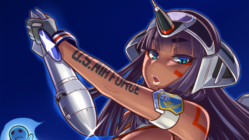 1girl aircraft airplane armband blue_eyes dark_skin eyebrows eyebrows_visible_through_hair f-101_voodoo facial_mark fighter_jet gloves headgear jet long_hair looking_at_viewer mc_axis mikoyan military military_vehicle missile open_mouth original personification purple_hair solo us_air_force voodoo_doll