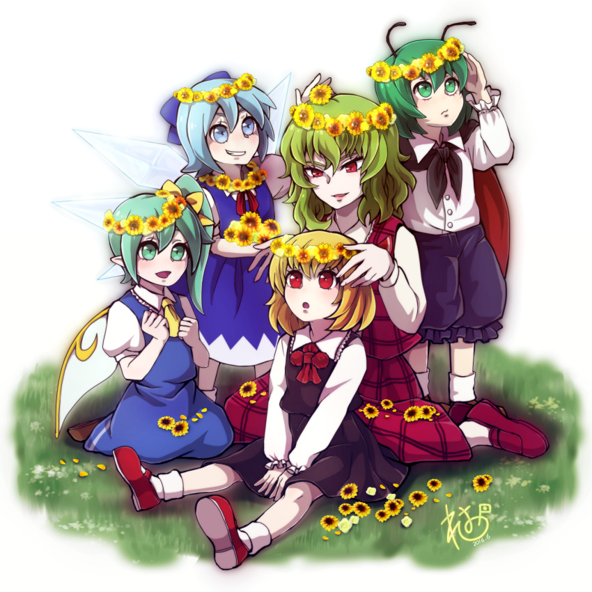 5girls antennae ascot blonde_hair blue_dress blue_eyes blue_hair blush cape cirno daiyousei dated dress fairy_wings flower full_body green_eyes green_hair grin hair_ribbon head_wreath highres hinomaru_leo ice ice_wings kazami_yuuka long_sleeves looking_at_another looking_up mary_janes multiple_girls on_ground open_mouth plaid plaid_skirt plaid_vest puffy_sleeves red_eyes ribbon rumia seiza shirt shoes short_sleeves side_ponytail signature sitting skirt skirt_set smile smirk socks standing sunflower touhou vest white_background white_legwear wings wriggle_nightbug