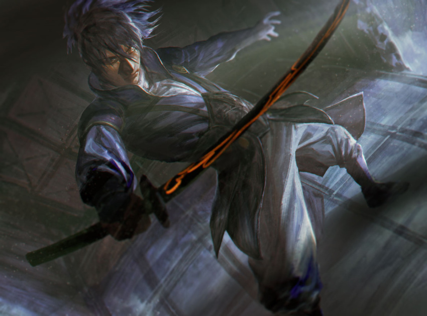 1boy black_hair closed_mouth dark dutch_angle faulds gloves ground_vehicle hair_between_eyes hangleing holding holding_sword holding_weapon indoors jacket japanese_clothes koutetsujou_no_kabaneri kurusu_(kabaneri) leaning_back legs_apart light_particles long_sleeves looking_at_viewer motion_blur outstretched_arms pants ponytail shade shadow snowing solo spread_arms standing sword train train_interior weapon white_pants