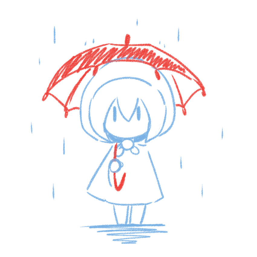 1girl chibi female full_body jiima_tarou limited_palette looking_at_viewer no_mouth partially_colored rain red_umbrella simple_background solo standing white_background youkai youkai_watch yukionna_(youkai_watch) |_|