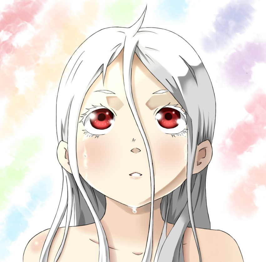 1girl colored_eyelashes deadman_wonderland long_hair looking_up nude red_eyes shiro_(deadman_wonderland) silver_hair solo white_eyelashes white_hair