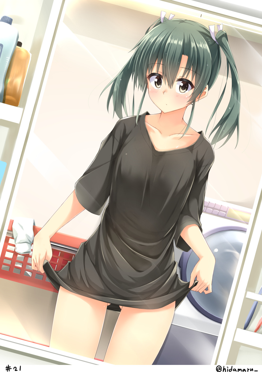 1girl absurdres alternate_costume basket black_shirt bottomless casual collarbone contemporary dutch_angle gluteal_fold green_eyes green_hair hair_ribbon highres hino_(2nd_life) kantai_collection lifted_by_self long_sleeves no_panties ribbon shelf shirt shirt_lift soap_bottle solo standing thighs twintails undressing washing_machine white_ribbon white_shirt zuikaku_(kantai_collection)