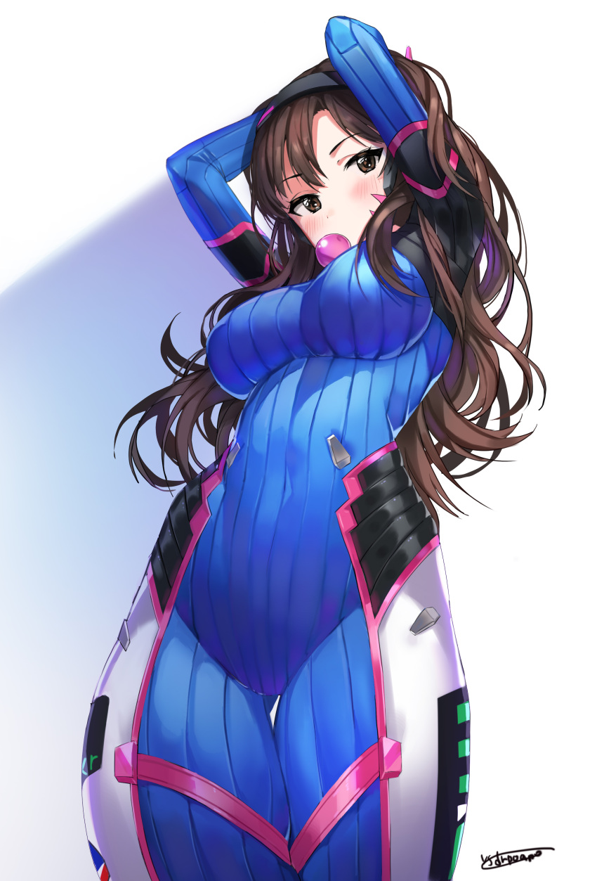 1girl absurdres arms_behind_head arms_up artist_name blush bodysuit breasts brown_eyes brown_hair bubblegum covered_navel d.va_(overwatch) dr_poapo facial_mark from_below headgear highres large_breasts legs_together long_hair looking_at_viewer looking_down overwatch signature simple_background skin_tight solo standing thigh_gap whisker_markings white_background