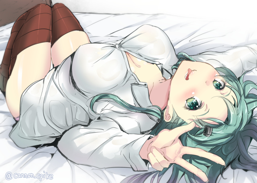 1boy aqua_hair blush breasts brown_legwear cleavage commentary_request dress_shirt eyebrows gin'ichi_(akacia) green_eyes hair_ornament hairclip kantai_collection knees_together_feet_apart large_breasts legs_together long_hair looking_at_viewer looking_up lying no_pants shirt signature skirt solo sparkle suzuya_(kantai_collection) thigh-highs twitter_username