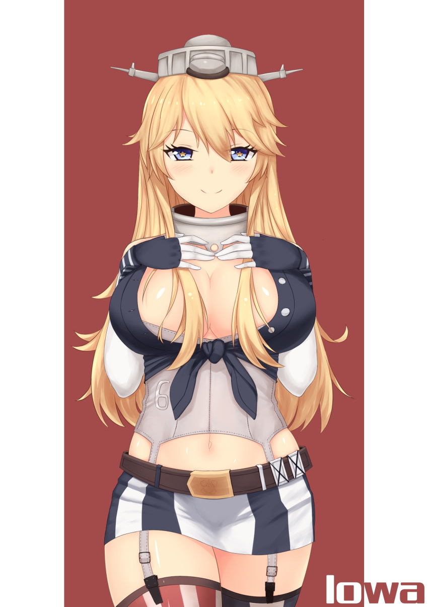 1girl absurdres belt blonde_hair blue_eyes blush breasts character_name cleavage elbow_gloves fingerless_gloves garter_straps gloves hands_on_own_chest headgear highres iowa_(kantai_collection) kantai_collection large_breasts long_hair looking_at_viewer miniskirt navel red_background rumaki self_upload skirt smile solo star star-shaped_pupils symbol-shaped_pupils