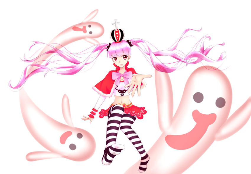 1girl breasts capelet cleavage cross crown floating_hair ghost highres long_hair midriff navel one_piece outstretched_hand perona pink_eyes pink_hair skirt solo striped striped_legwear thigh-highs twintails very_long_hair zhandouli_zhaganga zhandouli⑨zhagangan