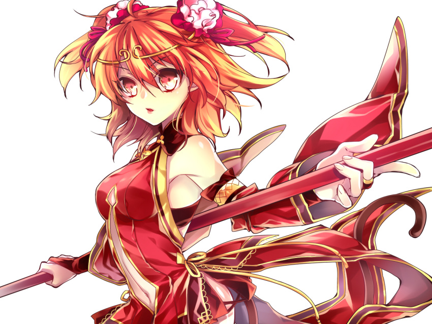 1girl bare_shoulders breasts bridal_gauntlets chinese_clothes circlet detached_sleeves fate/grand_order fate_(series) female_protagonist_(fate/grand_order) flower hair_flower hair_ornament holding looking_at_viewer matching_hair/eyes medium_breasts miniskirt monkey_tail navel navel_cutout open_mouth orange_eyes orange_hair ruyi_jingu_bang ryugun short_hair simple_background skirt solo tail two_side_up weapon white_background