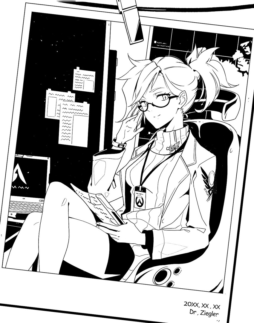 1girl adjusting_glasses badge black_skirt chair chalkboard computer_keyboard glasses greyscale high_ponytail highres holding hwansang jacket legs_crossed long_hair looking_at_viewer mercy_(overwatch) miniskirt monochrome notebook overwatch paper photo_(object) ponytail ribbed_sweater screen semi-rimless_glasses side_slit sitting skirt smile solo sweater turtleneck under-rim_glasses uniform