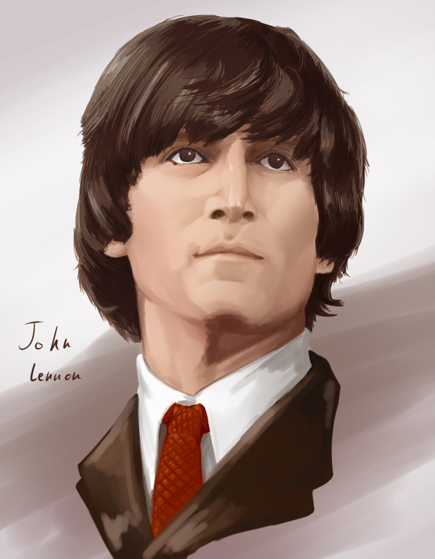 1boy brown_eyes brown_hair character_name closed_mouth collared_shirt dress_shirt enosan face highres john_lennon light_smile lips looking_up necktie original portrait real_life red_necktie shirt upper_body wing_collar