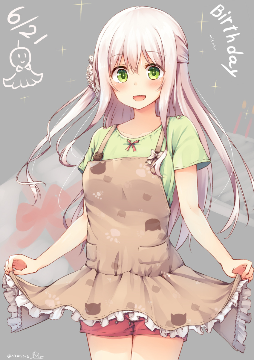 1girl :d absurdres apron apron_lift blush cat_print collarbone cowboy_shot dated frilled_apron frills green_eyes grey_background hair_ornament half_updo happy_birthday highres long_hair looking_at_viewer open_mouth original paw_print pocket shirt short_sleeves shorts silver_hair smile solo sparkle tsuchikure_(3105mitoko) twitter_username