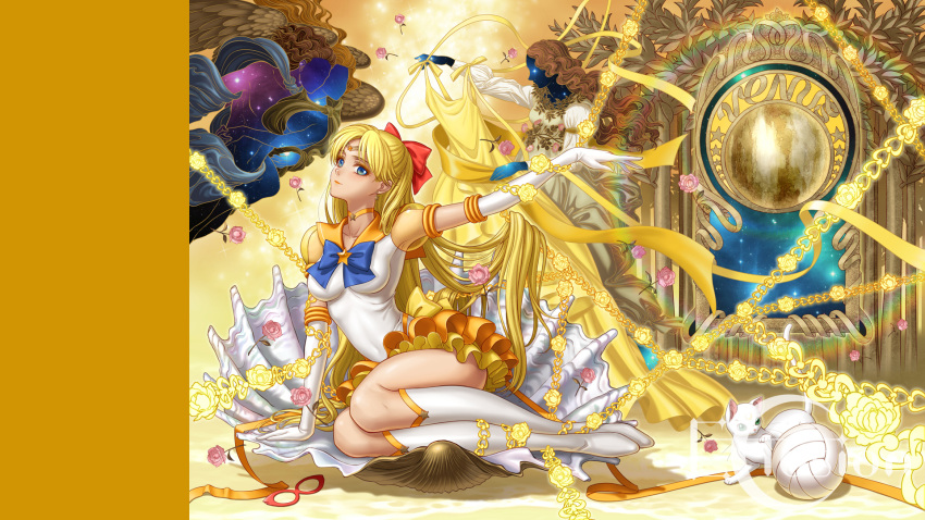 1girl aino_minako bishoujo_senshi_sailor_moon bishoujo_senshi_sailor_moon_crystal blonde_hair blue_eyes bow choker eclosion elbow_gloves gloves hair_bow highres jewelry long_hair magical_girl orange_skirt red_bow sailor_senshi sailor_venus skirt solo super_sailor_venus_(stars) tiara white_gloves