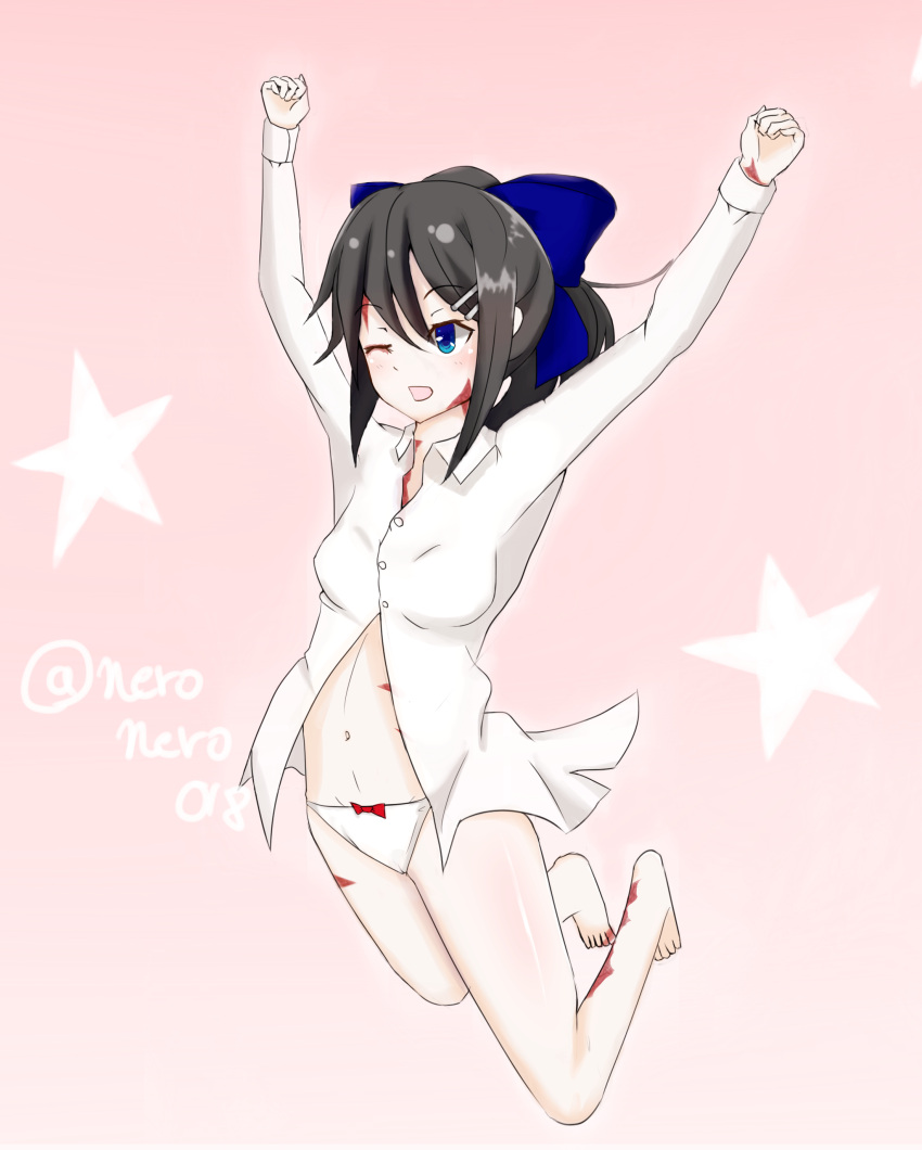 1girl ;d \o/ absurdres arms_up bare_legs black_hair blue_eyes bow bow_panties burn_scar dorei_to_no_seikatsu_~teaching_feeling~ dress_shirt gradient gradient_background hair_bow hair_ornament hairclip highres jumping long_sleeves navel neronero0061 no_pants one_eye_closed open_clothes open_mouth open_shirt outstretched_arms panties pink_background ponytail scar shirt sketch smile solo sylvie_(dorei_to_no_seikatsu) underwear white_panties white_shirt