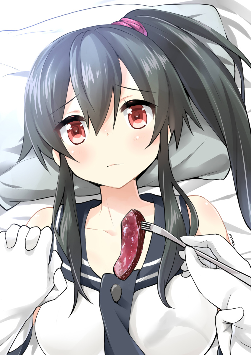 1girl absurdres agano_(kantai_collection) bed_sheet black_hair collarbone commentary_request food fork gloves hand_holding highres holding interlocked_fingers kantai_collection looking_at_viewer meat pillow ponytail pov_feeding red_eyes ryuki_(ryukisukune) school_uniform serafuku white_gloves yahagi_(kantai_collection)