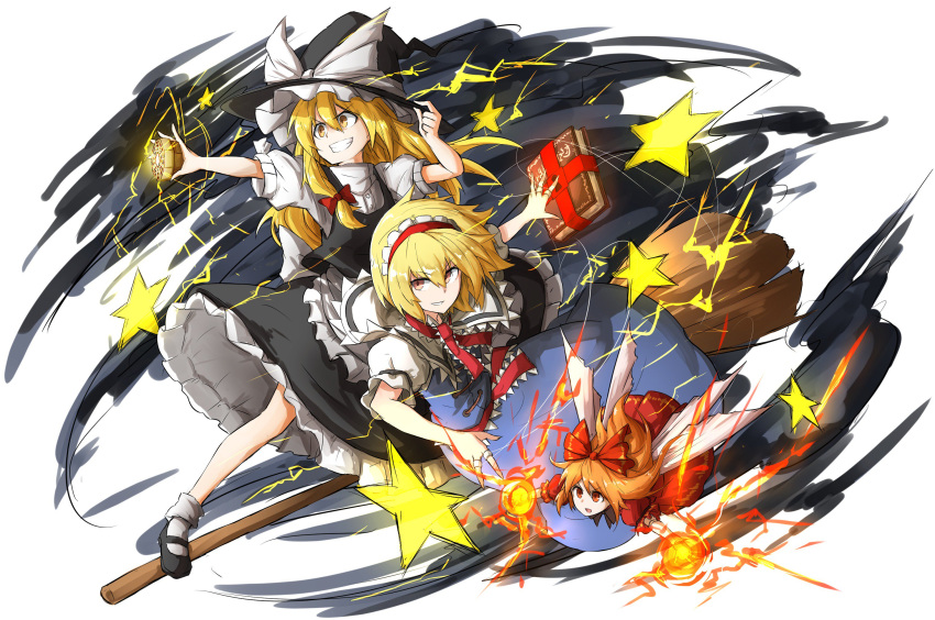2girls alice_margatroid apron ascot blonde_hair blue_dress book bow braid broom broom_surfing brown_eyes capelet doll dress eyebrows eyebrows_visible_through_hair full_body grimoire grimoire_of_alice grin hair_bow hairband hand_on_headwear hat hat_bow highres kan_(aaaaari35) kirisame_marisa lolita_hairband long_hair loose_socks mini-hakkero multiple_girls outstretched_arm puffy_short_sleeves puffy_sleeves shanghai_doll short_hair short_sleeves side_braid single_braid smile socks star touhou waist_apron witch_hat yellow_eyes