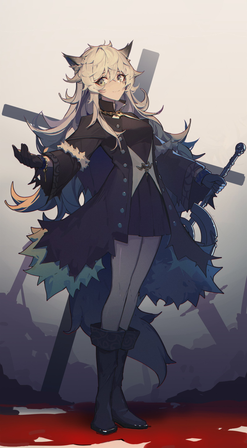 1girl absurdres alternate_costume animal_ears arknights bangs bare_legs black_coat black_dress black_footwear black_gloves blood boots coat dress eyebrows_visible_through_hair full_body gloves grey_eyes hand_up highres holding holding_sword holding_weapon lappland_(arknights) long_hair looking_to_the_side mongarit open_clothes open_coat planted_sword planted_weapon scar scar_across_eye sharp_teeth shirt short_dress silver_hair smile solo standing sword teeth weapon white_shirt wolf_ears