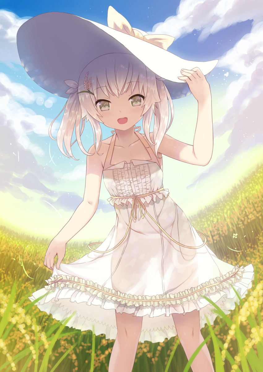 1girl :d arm_up backlighting bare_arms bare_shoulders blonde_hair blue_sky bow buttons cait clouds collarbone copyright_request corn_field corn_hair_ornament cowboy_shot day dress eyebrows eyebrows_visible_through_hair flat_chest food_themed_hair_ornament green_eyes hair_ornament hat hat_bow highres holding holding_hat looking_at_viewer open_mouth round_teeth see-through see-through_silhouette sky sleeveless sleeveless_dress smile solo standing sun_hat sundress teeth wheat white_dress yellow_bow