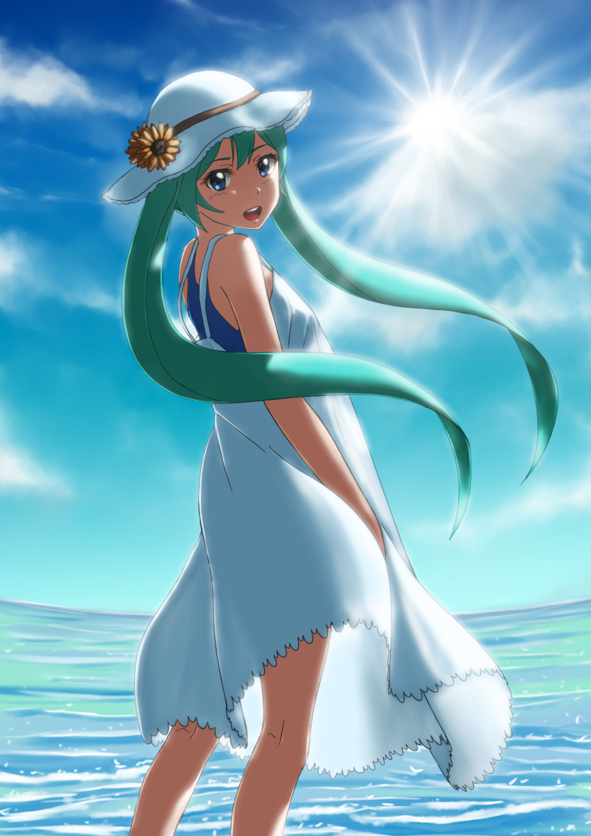 1girl aqua_eyes aqua_hair bare_shoulders dress hat hatsune_miku highres long_hair looking_at_viewer open_mouth parsue sketch sleeveless sleeveless_dress smile solo sun_hat sundress twintails very_long_hair vocaloid water white_dress