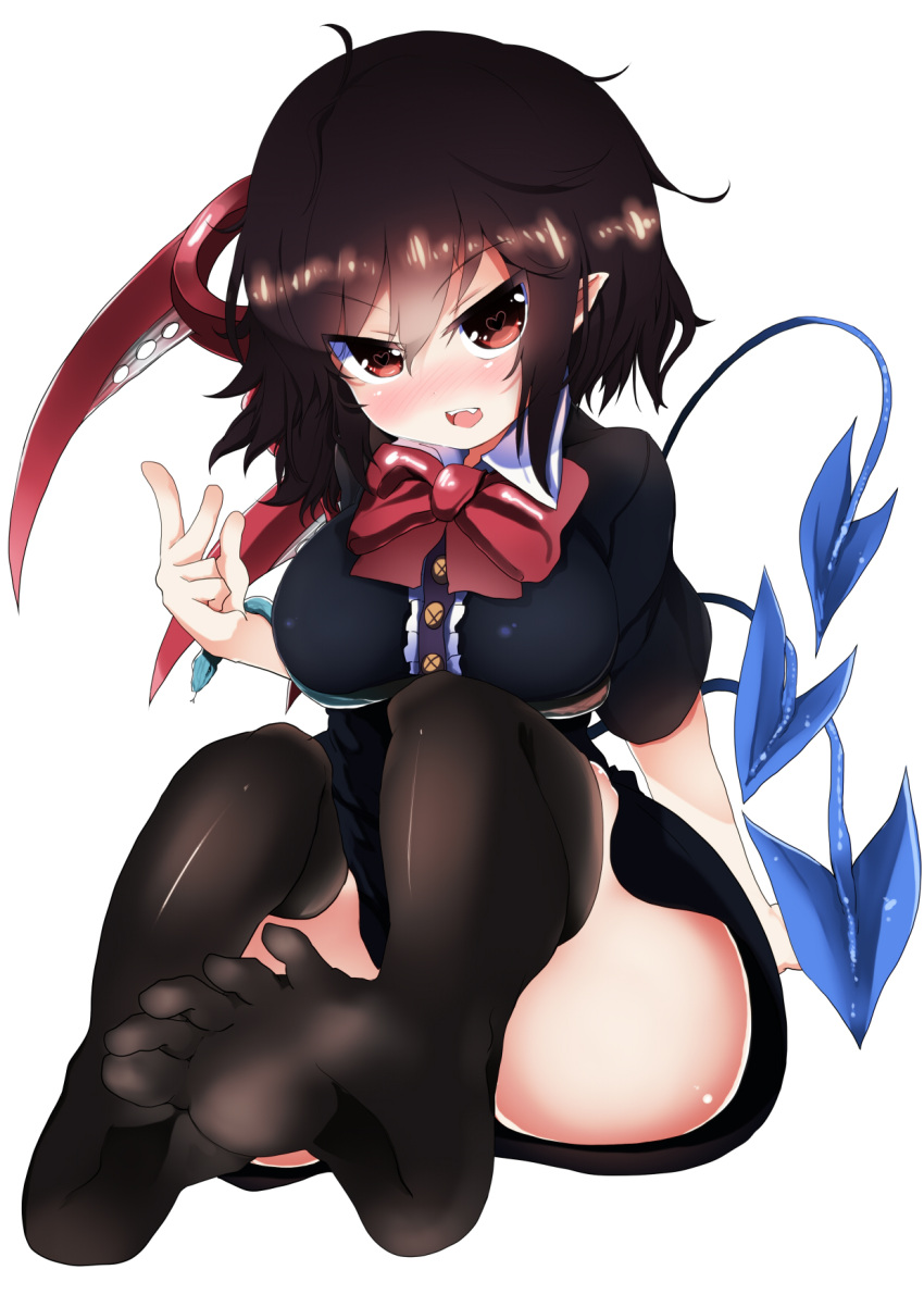&gt;:d 1girl :d ahoge asymmetrical_hair asymmetrical_wings black_dress blush bow bowtie breasts curvy dress fangs feet heart heart-shaped_pupils highres houjuu_nue impossible_clothes large_breasts looking_at_viewer messy_hair naughty_face open_mouth pointy_ears short_dress short_hair smile snake soles solo symbol-shaped_pupils takashi_(nekoro) thick_thighs thigh-highs thighs toes touhou tsurime wide_hips wings