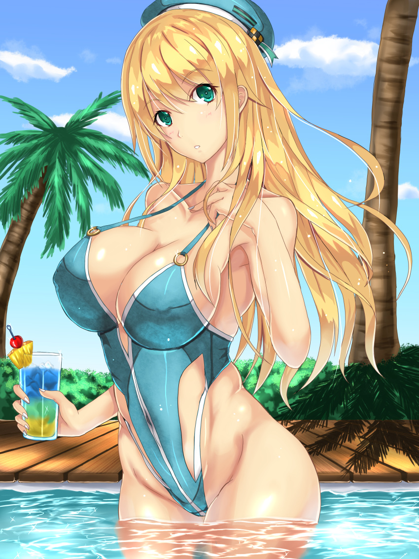 1girl absurdres adapted_costume atago_(kantai_collection) beret blonde_hair blue_sky breasts casual_one-piece_swimsuit cleavage commentary_request glass green_eyes hat highleg highleg_swimsuit highres kantai_collection large_breasts long_hair looking_at_viewer luna_(gunfire) o-ring_top one-piece_swimsuit palm_tree pool sky solo swimsuit tree