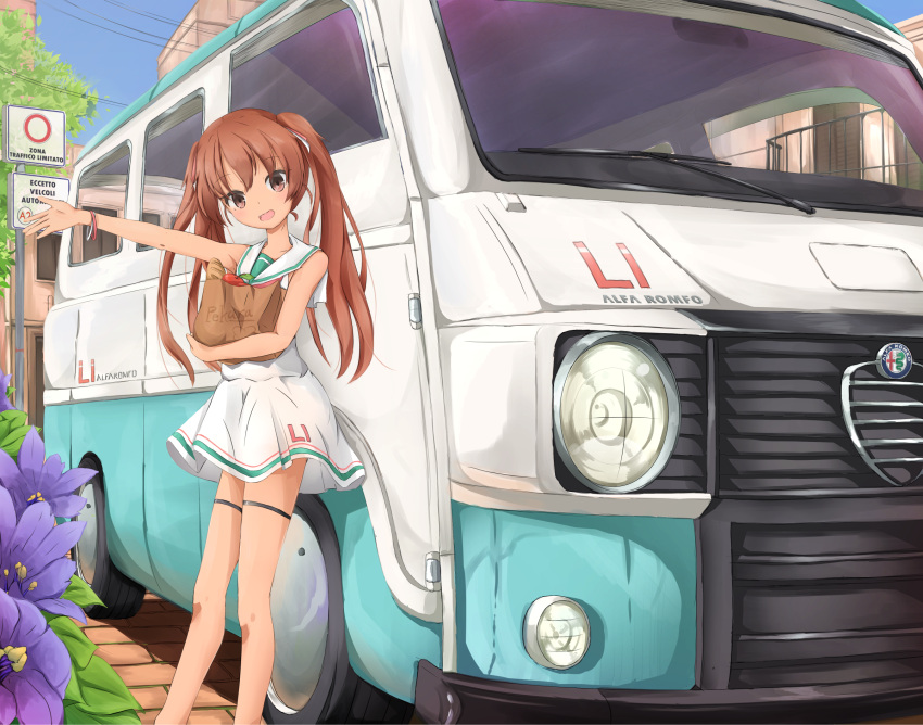 1girl apple arm_up bare_shoulders bracelet bread brown_eyes brown_hair car commentary_request dress food fruit ground_vehicle highres jewelry kantai_collection libeccio_(kantai_collection) long_hair motor_vehicle munehiro_(21plus) open_mouth pleated_skirt sailor_collar sailor_dress skirt solo tan twintails van