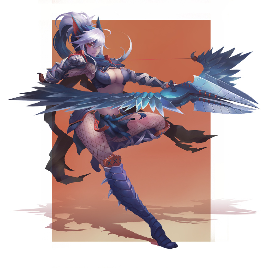 1girl bow_(weapon) breasts cleavage crow_aberdeen fishnet_legwear fishnets high_ponytail highres large_breasts long_hair looking_at_viewer midriff monster_hunter nargacuga_(armor) navel one_eye_closed shadow silver_hair silverwind_nargacuga_(armor) solo thighs weapon