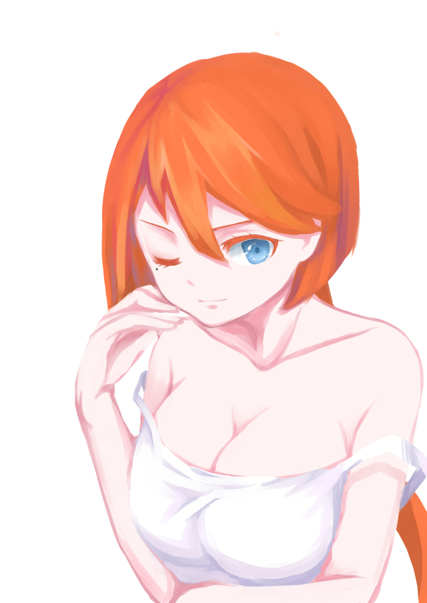 1girl absurdres blue_eyes breasts cleavage colored_eyelashes highres large_breasts long_hair mole mole_under_eye nelson_(zhan_jian_shao_nyu) one_eye_closed orange_hair piao_qi_jiangjun smile solo strap_slip white_background zhan_jian_shao_nyu