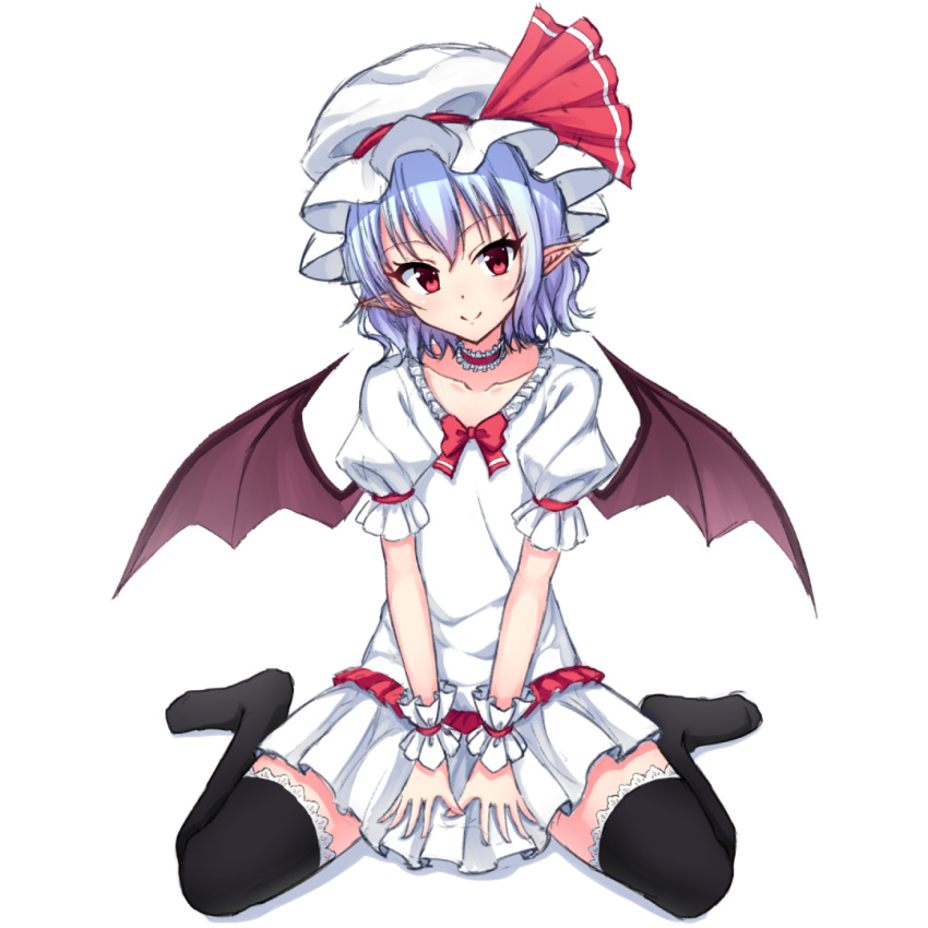 1girl bat_wings between_legs black_legwear blush bow bowtie closed_mouth dress eyebrows eyebrows_visible_through_hair frilled_sleeves frills full_body hand_between_legs hat hat_ribbon head_tilt junior27016 lace lace-trimmed_thighhighs legs_apart looking_at_viewer mob_cap neck_garter pointy_ears puffy_short_sleeves puffy_sleeves red_bow red_bowtie red_eyes red_ribbon remilia_scarlet ribbon scrunchie short_hair short_sleeves silver_hair simple_background smile solo thigh-highs touhou white_background white_dress white_hat wings wrist_scrunchie zettai_ryouiki
